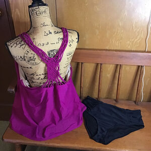 Cacique Plus Size 22 Purple Tankini Top & Black Bottoms